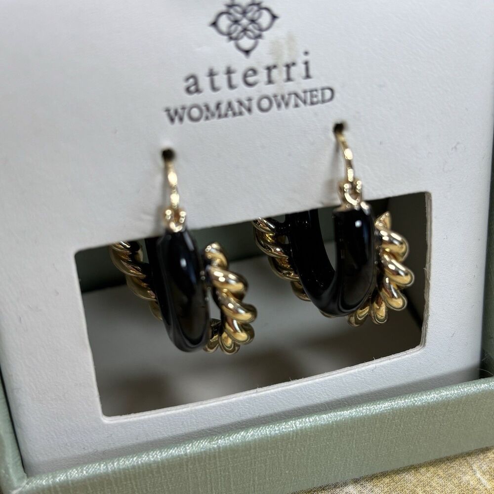 ATTERRI Black Enamel Gold Twisted Rope Hoop Earrings Pierced Nickel Free New